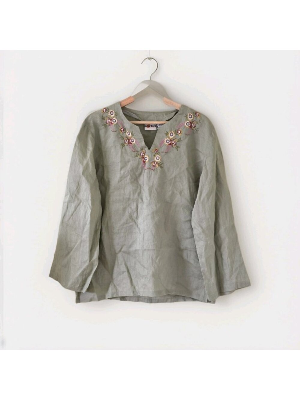 Kaktus Linen Top Women L Khaki Floral Sequined Embroidery Lagenllok Boho Coastal